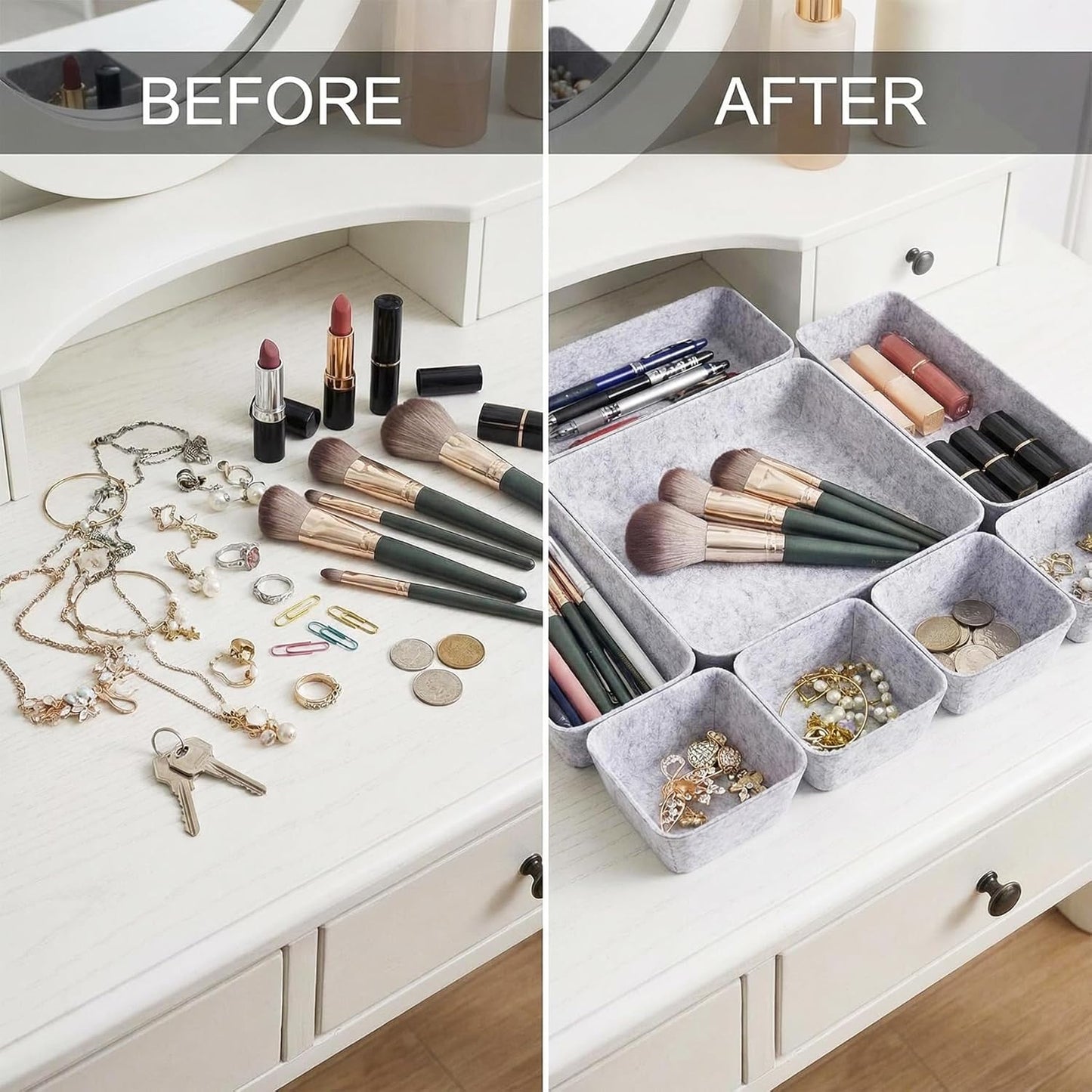 Desk Drawer Organizer Bins, 8pcs Felt Shallow Bathroom Storage Trays, Office Accessories & Workspace Organizers Jewelry & Makeup Boxes Containers(Black)