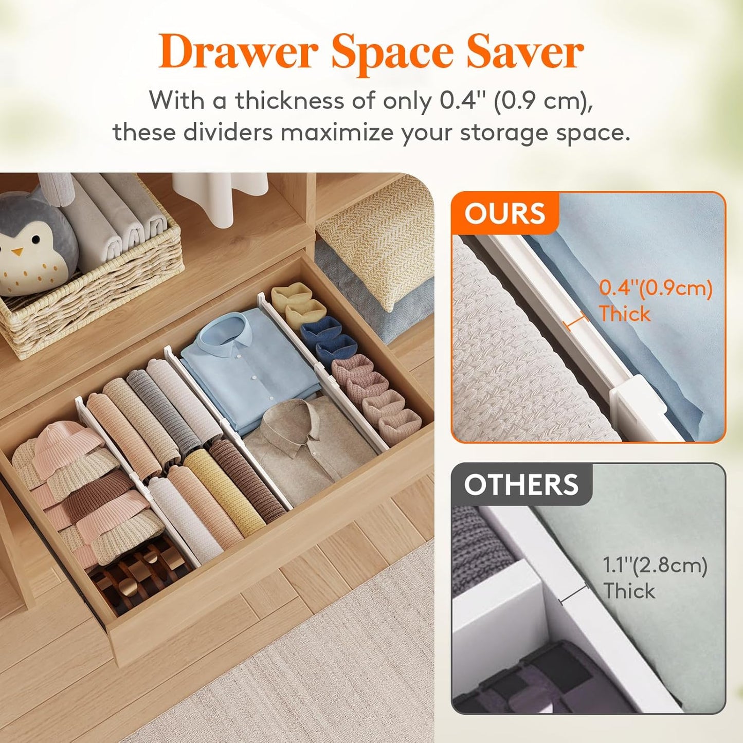 Lifewit Drawer Dividers for Clothes, 3.2" Tall 10.5"-16.5" Expandable Dresser Drawer Organizers, Adjustable White Plastic Separators for Kitchen, Cabinet, Nursery, Socks & Underwear Storage, 4 Pack