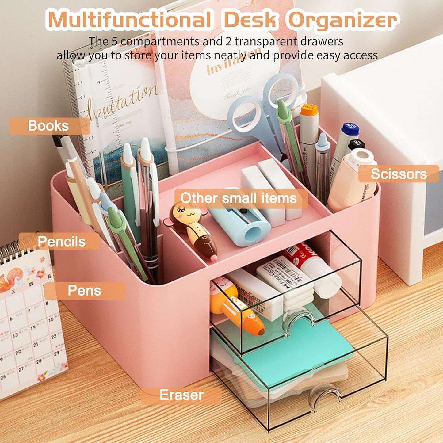 Cayxenful Pencil Holder For Desk,5 Slots 360°Degree Rotating Desk Organizers And Accessories,Desktop Storage Stationery Supplies Organizer, Cute Pencil Cup Pot For Office, School, Home (B-White)