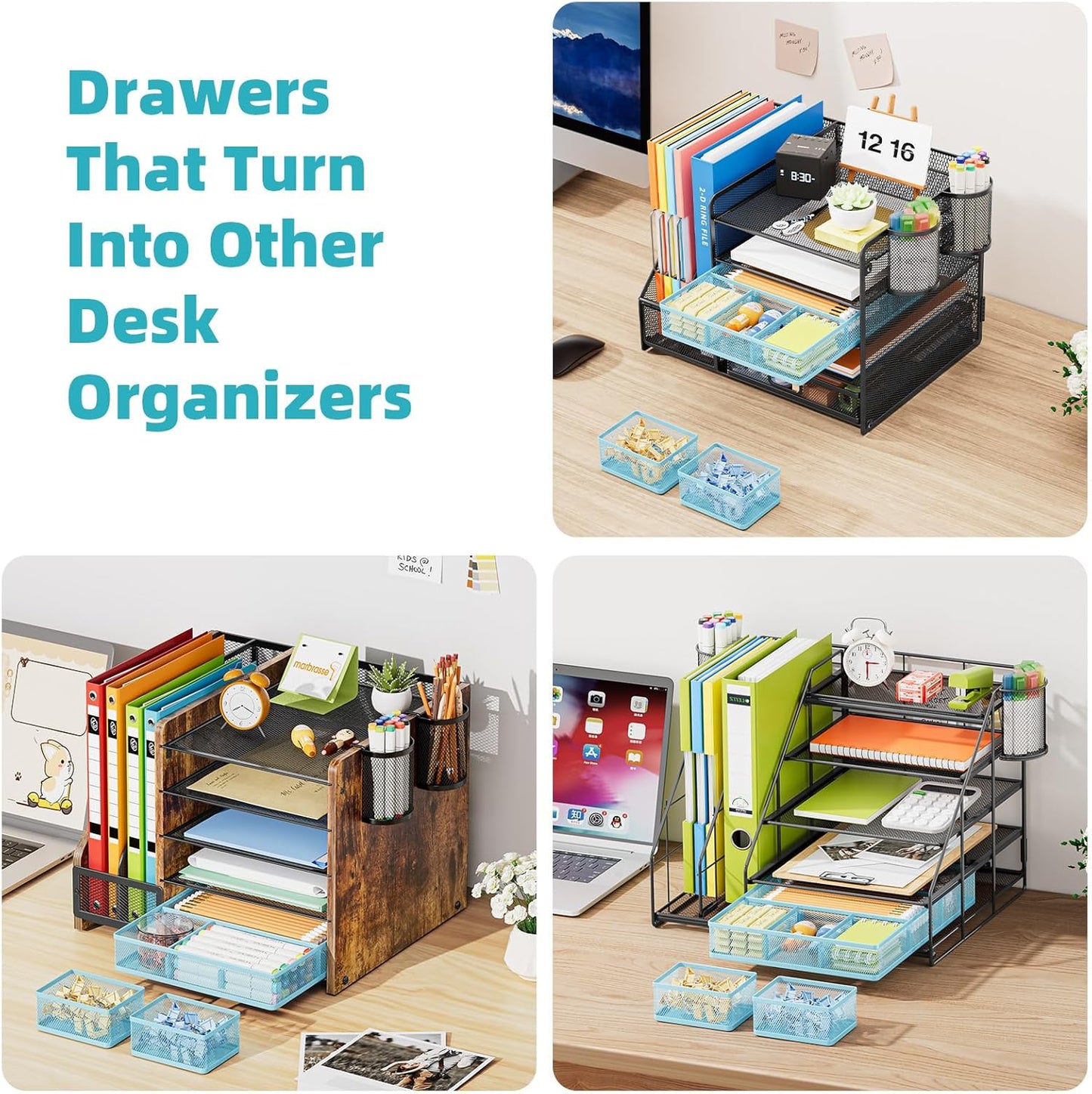 Marbrasse 3 Packs Desk Drawer Organizers, Metal Mesh Dividers Desk Drawer Organizer Tray with 9 Adjustable Compartments, Pen Organizer for Drawer Tray Box Accessories for Desktop,Kitchen, Makeup