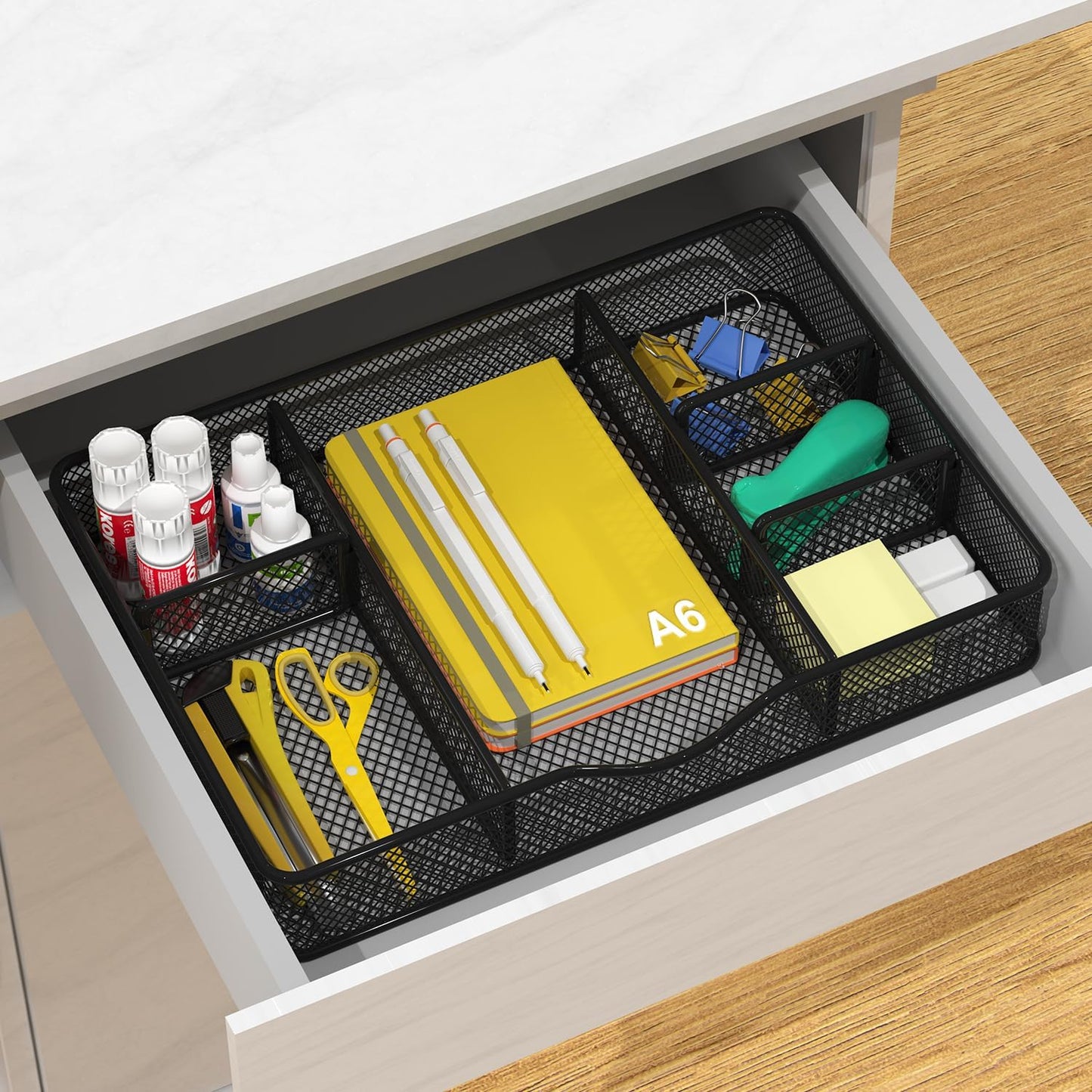 VyGrow Desk Drawer Organizer Tray, Metal Mesh Drawer Organizers Office, 6 Adjustable Compartment, Desk Organizer Tray for Home Office 12.87L x 8.73D x 1.96H inch, Black, 1PC Medium