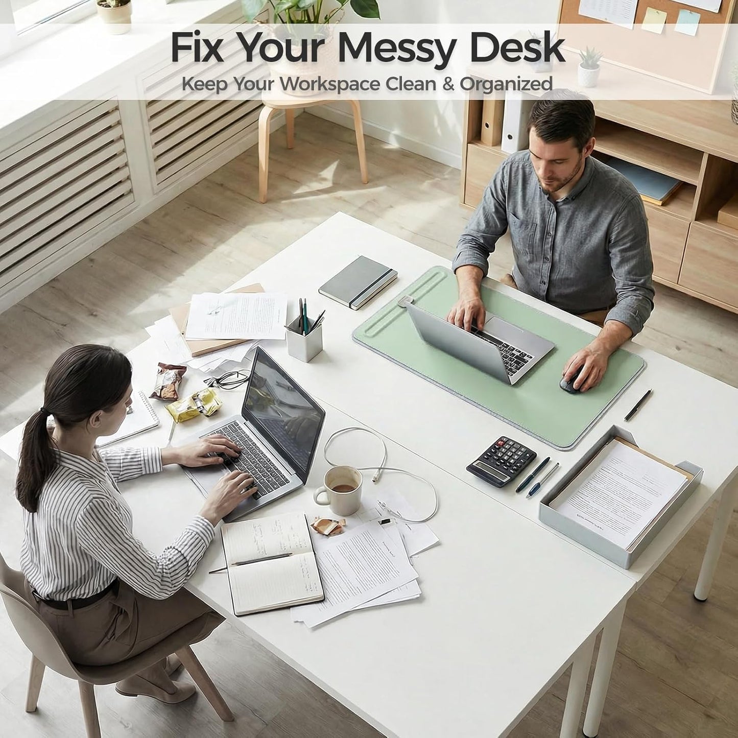 Desk Mat – Double-Sided Vegan Leather & Felt | Built-In Magnetic Cable Organizer & File Storage | Premium Workspace Pad for Office, Gaming & Creative Professionals-（Green）