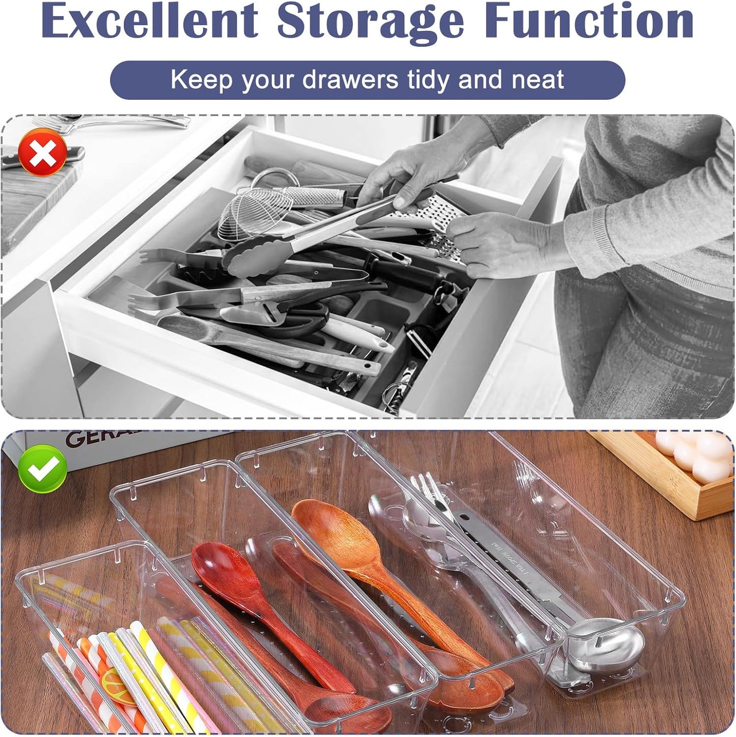 MAQUITA 12 Pcs Vanity Drawer Organizer 9 x 3 x 2 Inches Clear Plastic Utensil Organizers Kitchen Drawers Dividers for Office Desk Silverware Kitchen Utensils Cosmetics and Bathrooms(Clear)