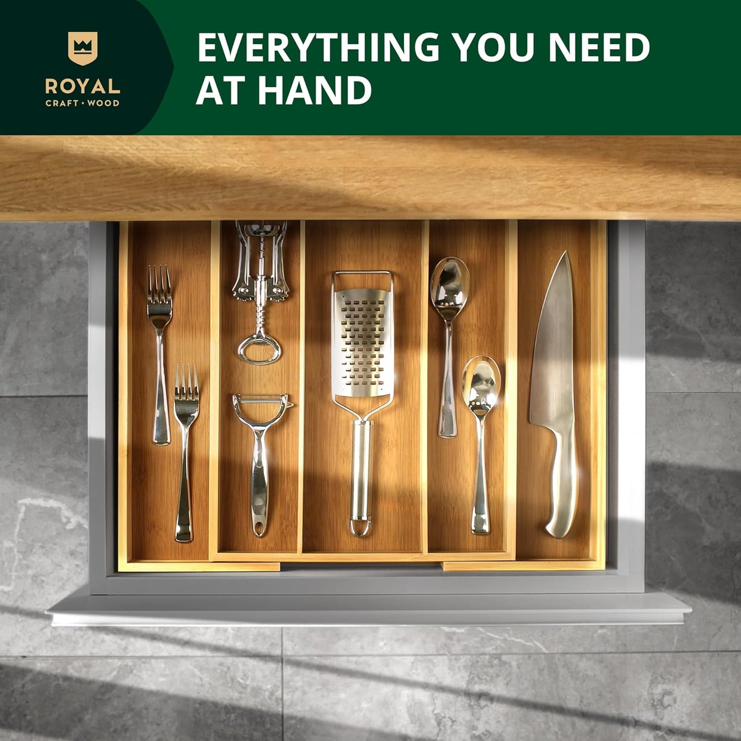 ROYAL CRAFT WOOD Luxury Bamboo Kitchen Drawer Organizer - Silverware Organizer, Utensil Holder & Cutlery Tray Drawer Dividers for Flatware (9 Slot, Natural)