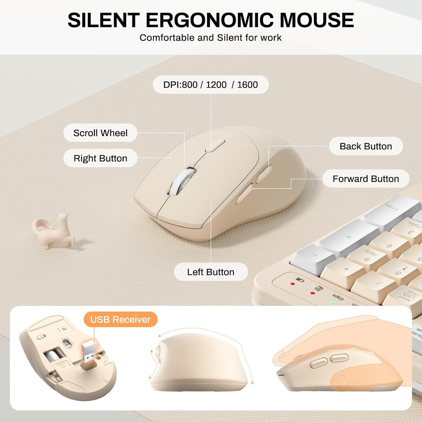 Wireless Keyboard and Mouse Combo,2.4G Full Size Wave Keys Ergonomic Keyboard with Wrist Rest for Natural Typing, 3 DPI Adjustable Ergonomic Silent Mouse for Computer/Laptop/Windows/Mac (Gray)