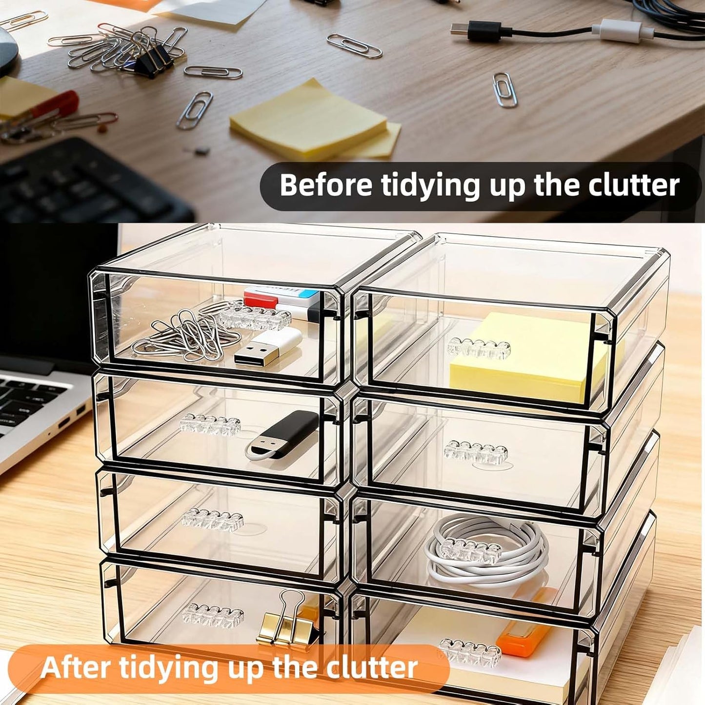 Drawer Organizers, Clear Stackable Storage Boxes for Kitchen Utensils, Office Desk, Bathroom, Makeup & Craft Drawer Organization (Small - 3 Pack)
