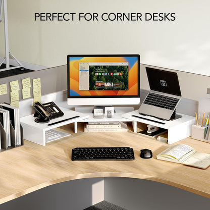 AMERIERGO Dual Monitor Stand Riser for 2 Monitors, Monitor Stand for Desk, Adjustable Computer Monitor Stand with 2 Slot, Multifunctional Desktop Organizer Stand for Laptop, PC, Computer, Printer