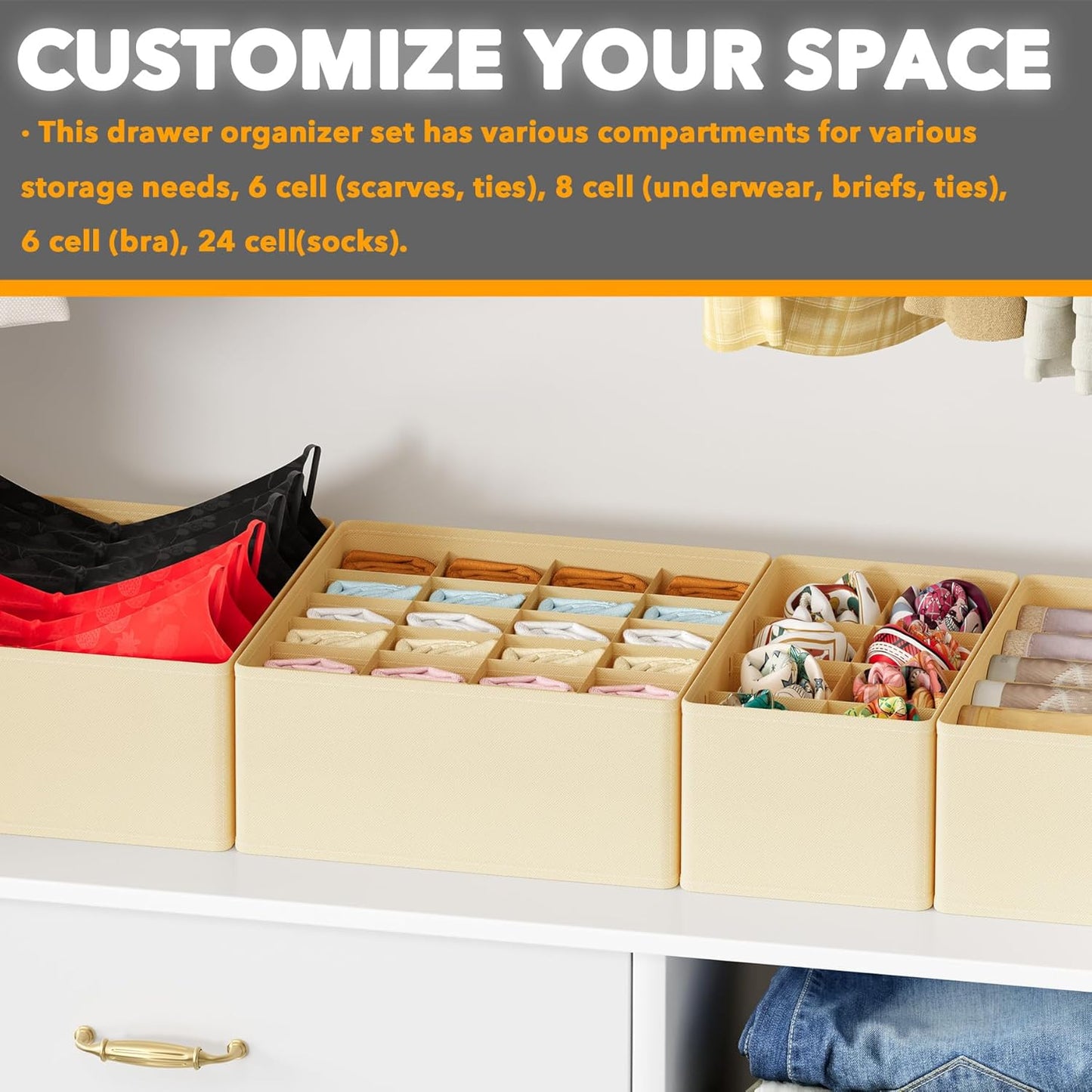 SpaceAid Drawer Organizer for Clothes, 18 Pack Dresser Drawer Organizer Bins, Closet Organizers and Storage Dividers for Clothing, Underwears, Socks (Beige)