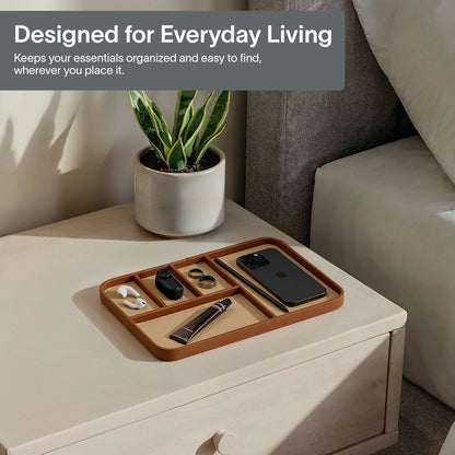 Nordik Leather Valet Tray - Sand Brown - 9.5 x 7.9 Inch Medium Vegan Leather Tray - Stylish Nightstand Organizer for Men - Modern Bedside Caddy - EDC Catchall for Key Watch Wallet Jewellery
