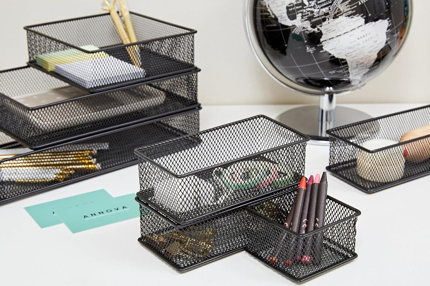 Annova Stackable Mesh Drawer Cabinet and Shelf Organizer Bins Storage Basket School Office Supply Holder Tray- Set of 2 (Gold, 3x3x2 Inch)