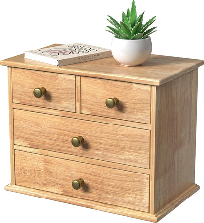 Oak Desk Organizer with Drawers, Durable Wooden Desktop Storage Box with Metal Handles & Non-Slip Silicone Pads, 4 Drawer Tabletop Organizer for Office, Bedroom, Bathroom, Vanity, and Makeup – Walnut