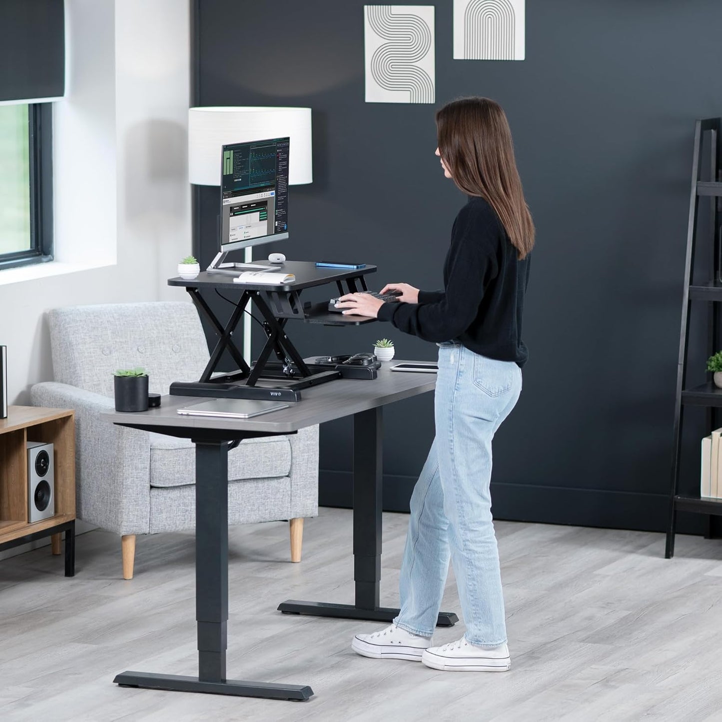 VIVO 26 inch Desk Converter, K Series, Height Adjustable Sit to Stand Riser, Dual Monitor and Laptop Workstation with Keyboard Tray, Black, DESK-V026KB