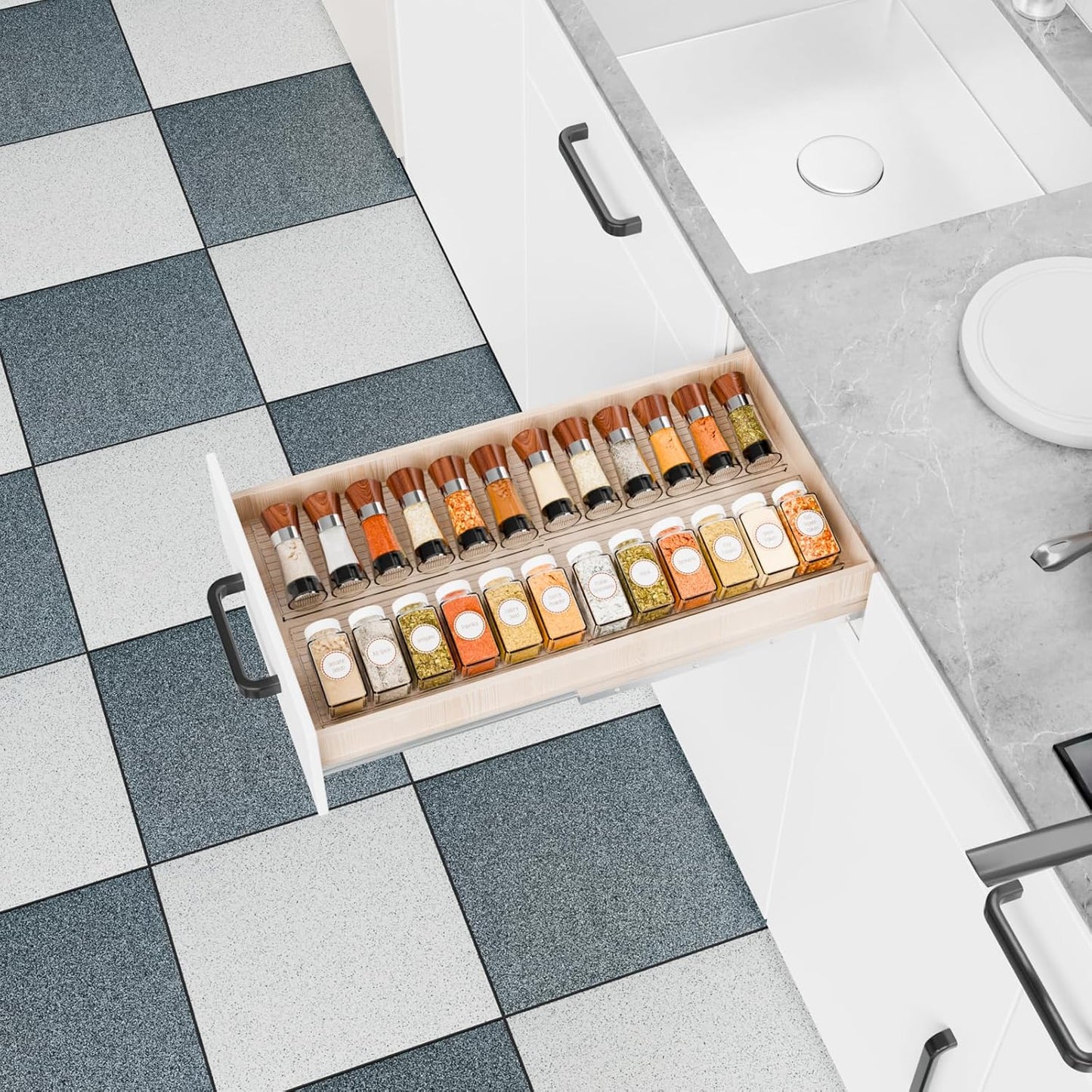 Yieach 4 Pack Adjustable Narrow Spice Rack for Drawer - Expandable From 9" to 17.7" - Acrylic Drawer Seasoning Organizer,Tiered Clear Spice Tray for Spices,Condiment,Nail Polish and Jar Organization