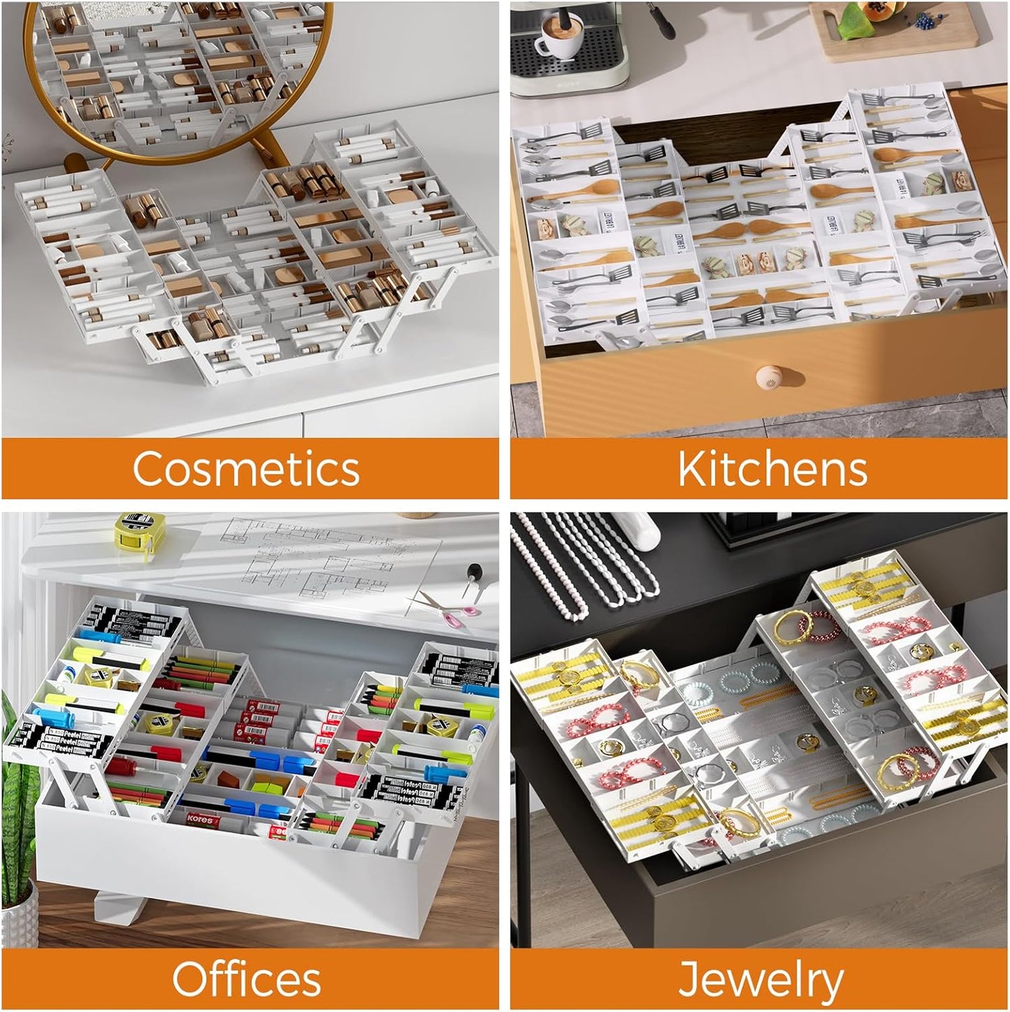 3 Tier Drawer Organizer - Expandable Junk Drawer Organizers Smart Office Supply Organizer, Folding Drawer Storage Multi-level Desk Organizer for Makeup,Jewelry,Cosmetics,Kitchen Storage (1 Row 3 Tier)