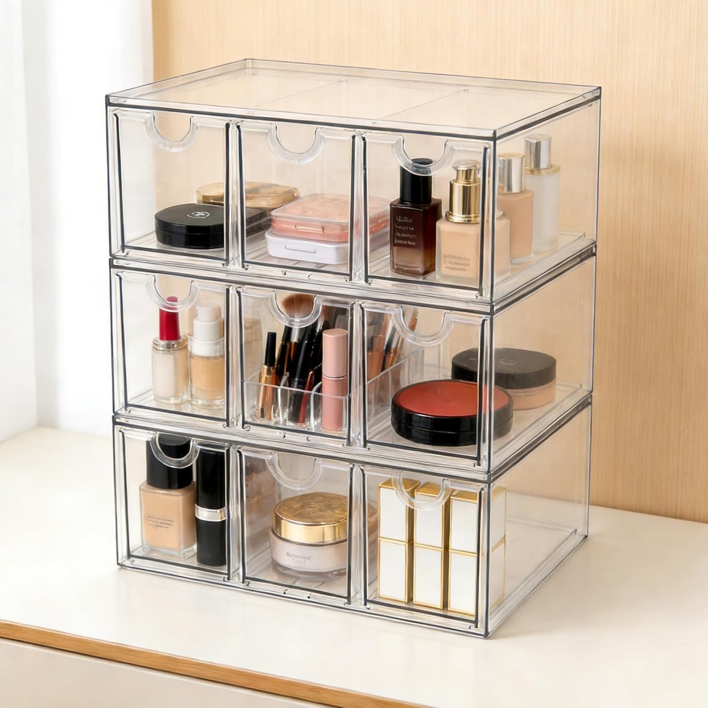 Prsildan Acrylic Makeup Organizer, 2 Pack Stackable Storage Drawers with 6 Drawers for Office Desk Vanity Craft Room Clear Drawer Organizers for Hair Accessories Art Supplies Cosmetics Modular System