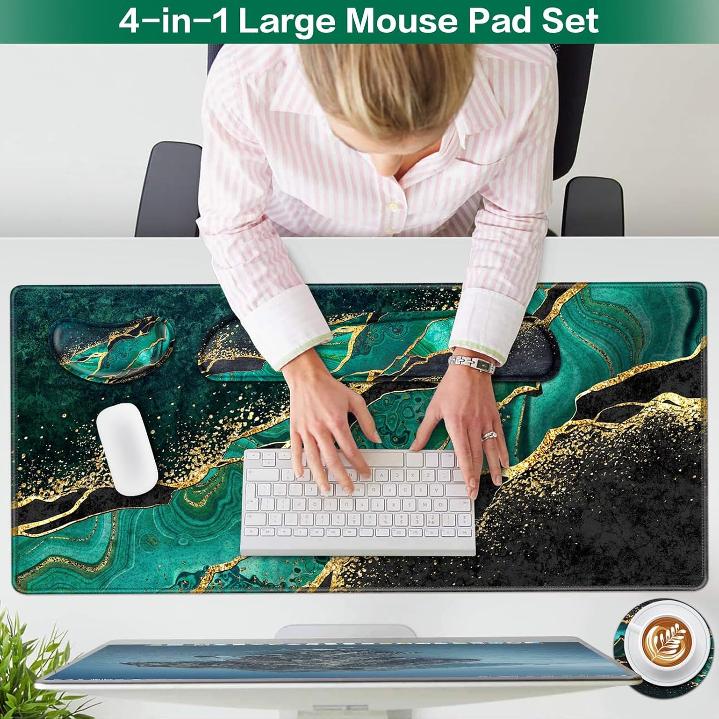 Desk Mat, Large Gaming Mouse Pad with Wrist Rest, 4in1 XXL Mousepad+Keyboard Wrist Rest+Mouse Pad Wrist Support+Cup Coaster Set Ergonomic Floral Computer Desk Arm Wrist for Decor Home Office Women