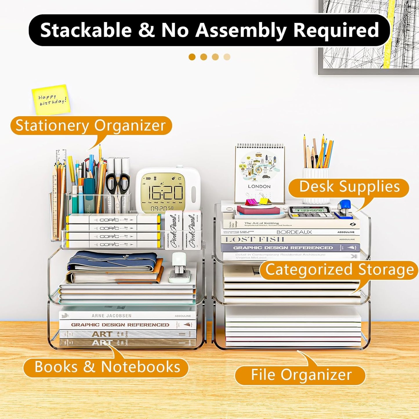 Paper Organizer Letter Tray - Acrylic Stackable Desk File Organizer with 5-Gird Tray and Pencil Holder, Clear File Organizer for Desk, Office Organizer for File Paper, Ipad, Letter, Small Item Etc