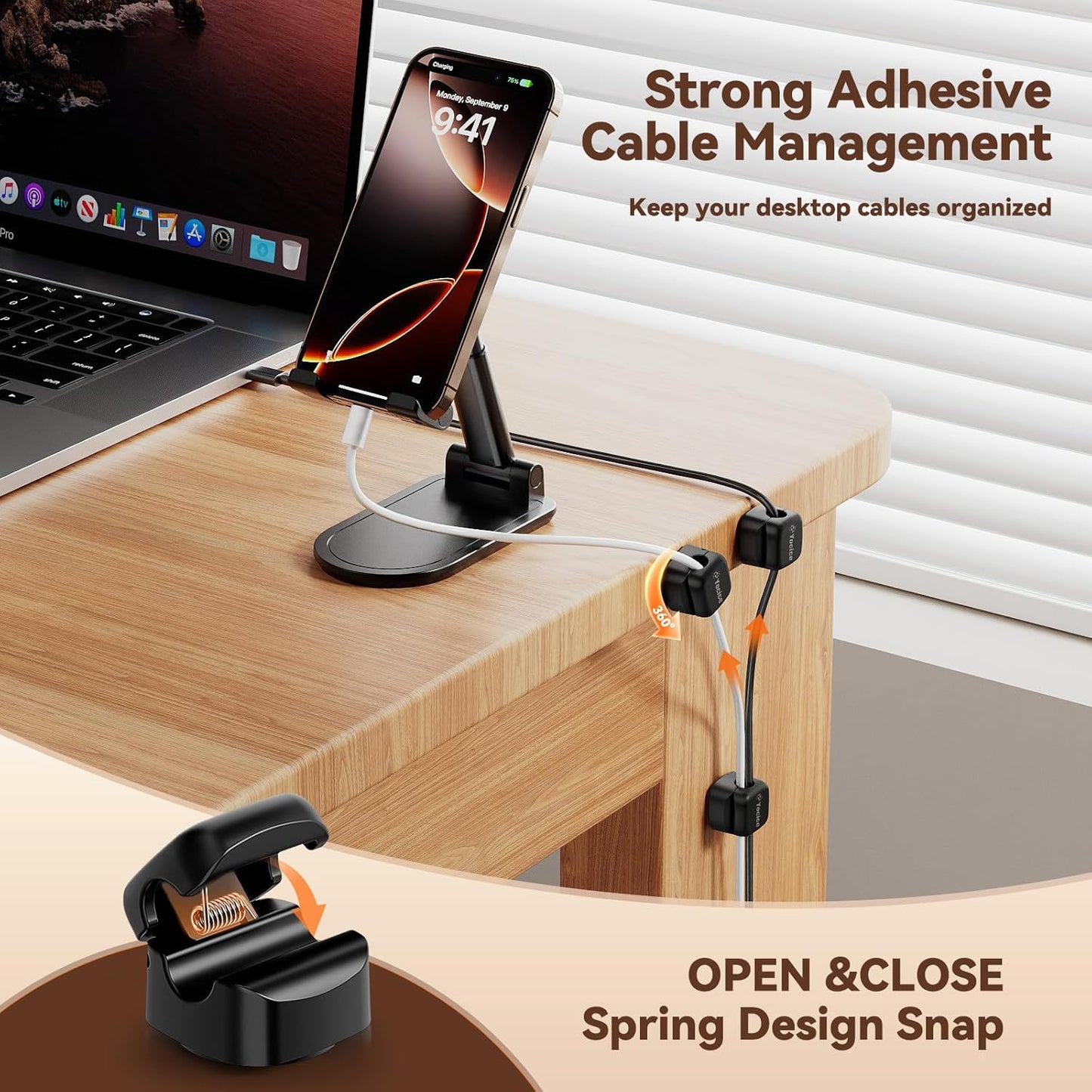 6Pack Rotatable Cord Organizer,Spring Cable Clips Desk Cable Management Cord Holder Adhesive Phone Charger Cord Clips for Home Office Car Wall Nightstand Accessories, Clear