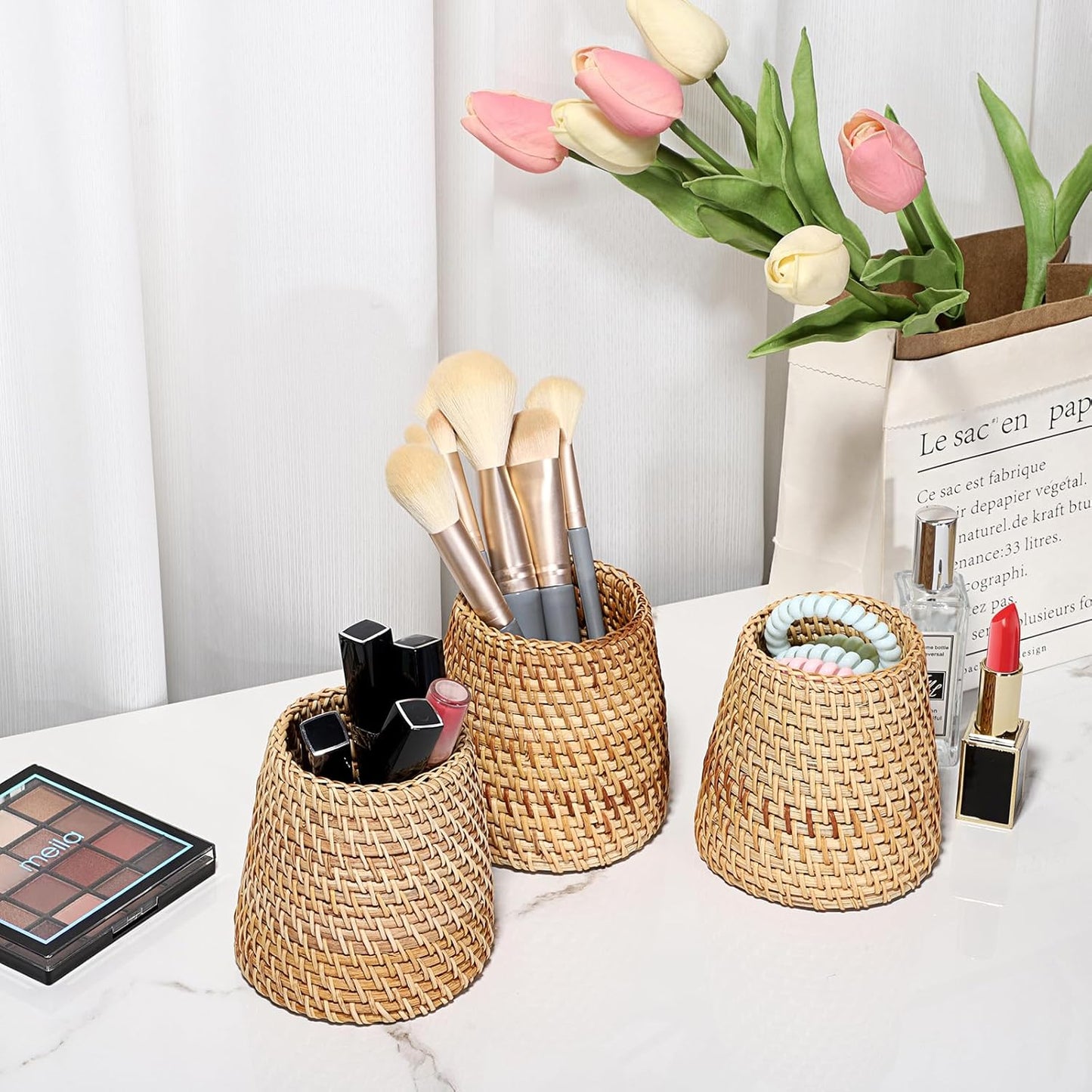 BTSKY Rattan Pen Cup, Handmade Desk Pencil Holders Makeup Brush Holder Multi-Functional Woven Basket Office&Home Desktop Organizer(Cone)