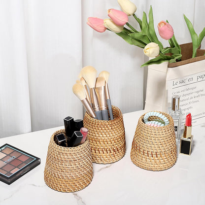 BTSKY Rattan Pen Cup, Handmade Desk Pencil Holders Makeup Brush Holder Multi-Functional Woven Basket Office&Home Desktop Organizer(Cone)