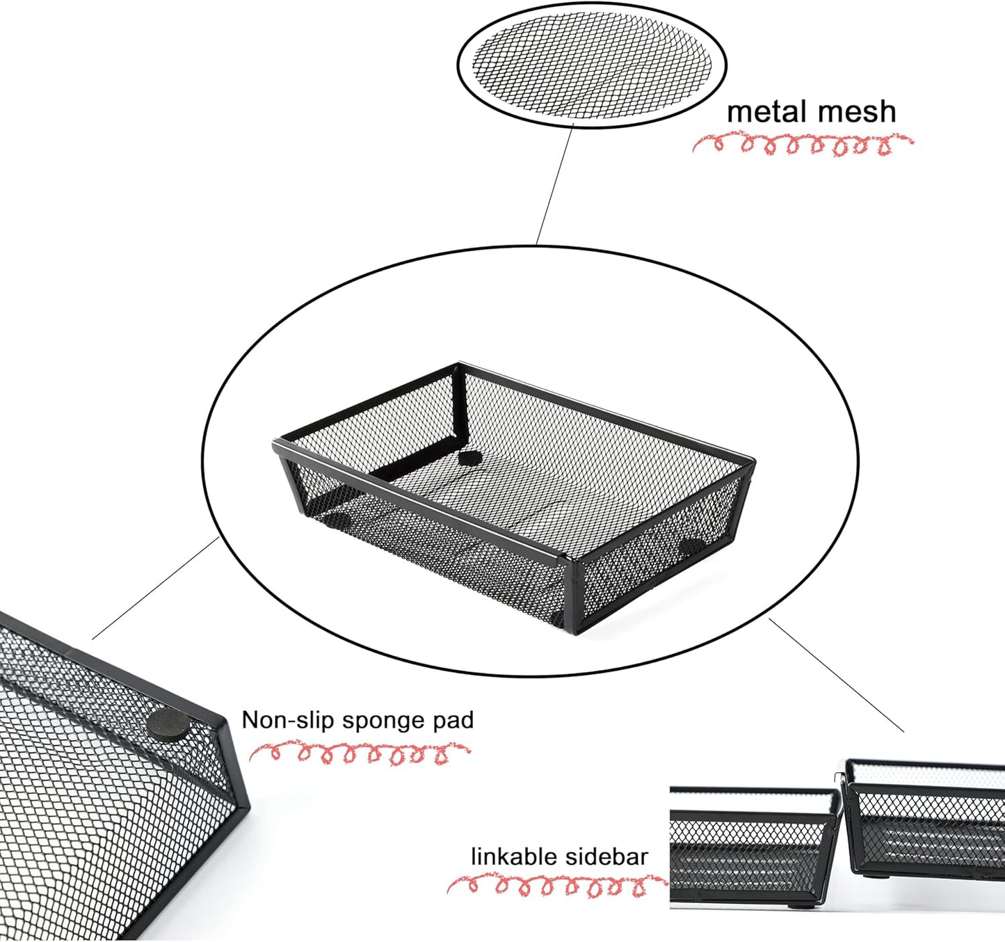 Mesh Tray Silverware Drawer Organizer, Utensil Cutlery Tray Office Supplies with Interlocking Arm Drawer Dividers Organizer for Flatware, Knives,Home,Office, School,Bedroom 12X6'' Black