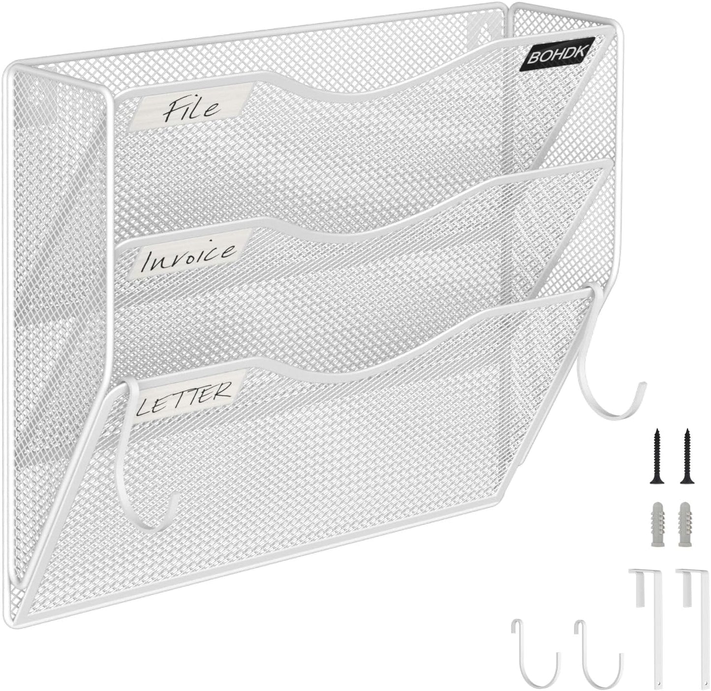 BOHDK Wall File Organizer, 6 Tier Hanging File Folder Mail Organizer, Vertical Mesh Metal Wall Mount Hanging File Holder, Paper Document Magazine Rack for Home Office Black