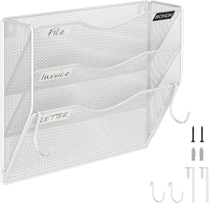 BOHDK Wall File Organizer, 6 Tier Hanging File Folder Mail Organizer, Vertical Mesh Metal Wall Mount Hanging File Holder, Paper Document Magazine Rack for Home Office Black