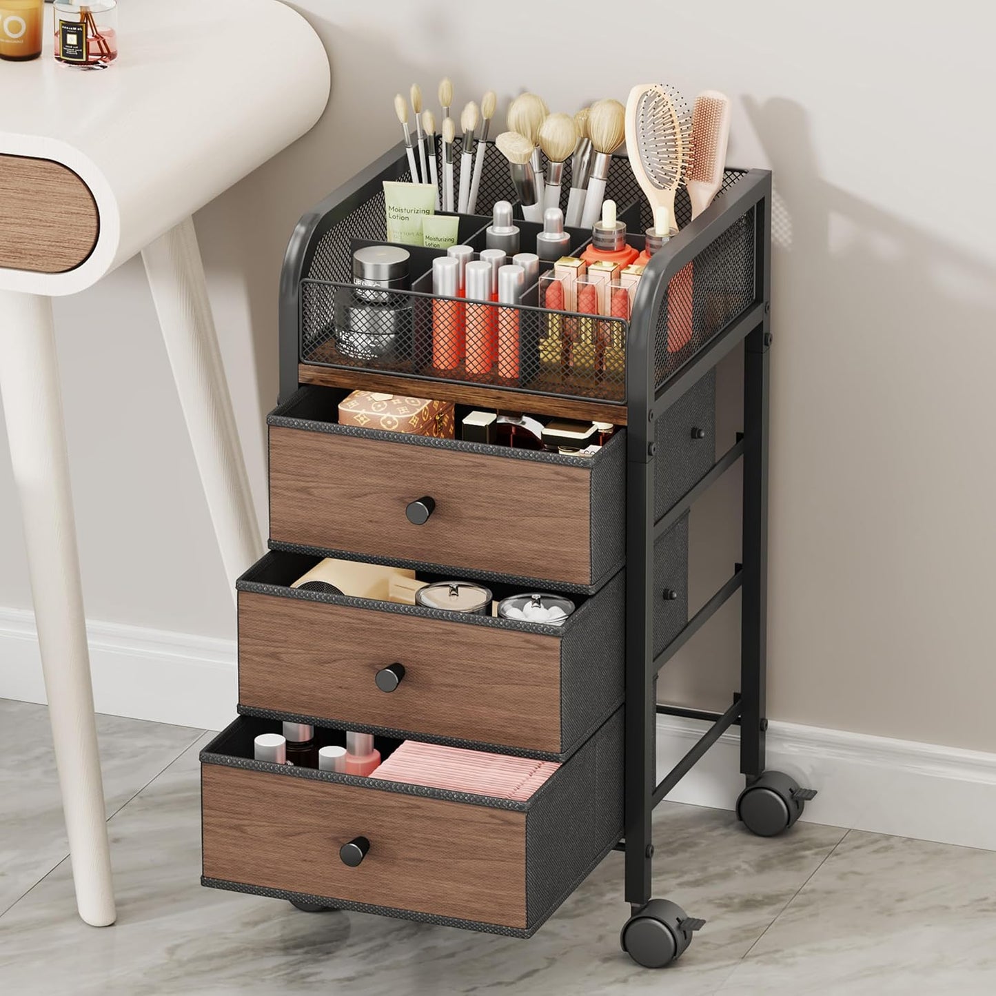 SWTYMIKI Rolling Makeup Organizer Cart - Under Desk Vanity Makeup Storage with 3 Non-woven Drawers, Nail Cart Organizer Cosmetic Display Cases Cabinet for Skin Care Perfume Nail Polish Brush Hair Tool