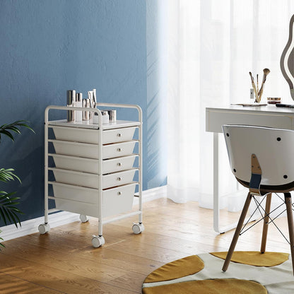 4-Tier Utility Cart with 4 Drawers, Rolling Utility Cart with 2 Lockable Caster Wheels, Multipurpose Mobile Rolling Drawer Cart for Office Bathroom Kitchen, Ivory White