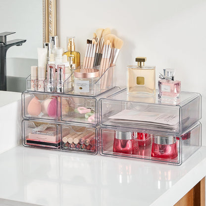 Vtopmart 3 Tier Clear Makeup Organizer with Drawer, Cosmetic Storage for Dresser Countertop and Bathroom Vanity, Beauty Holder for Lipstick Brush Skincare