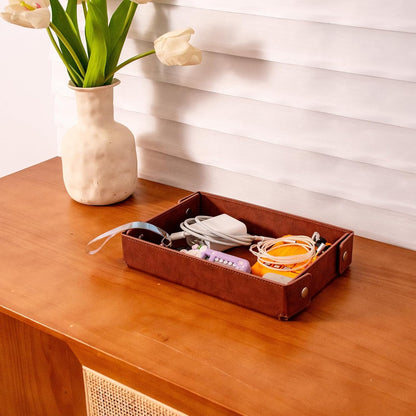 BONNY DODO Valet Tray for Men PU Leather Tray Organizer with Partition, Storage Keys, Watch & Practical Storage for Table Nightstand Living Room Bedroom (Dark Brown-Square)