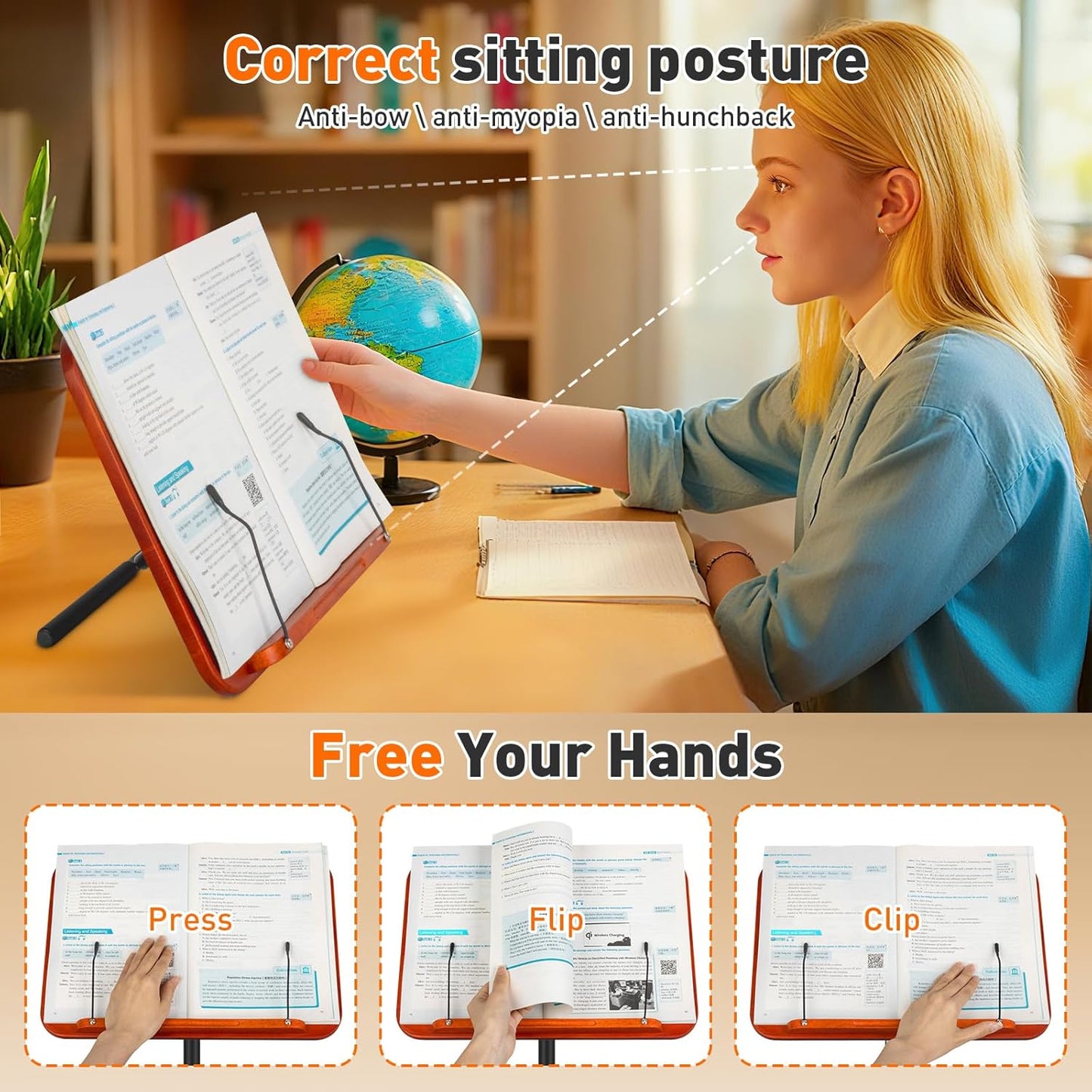 Floor Standing Book Stand, Foldable Book Holder for Reading with Page Clips, 19"–51" Height Adjustable, Sturdy Podium Stand for Reading, Bible, Laptop, Cookbooks, or Projector