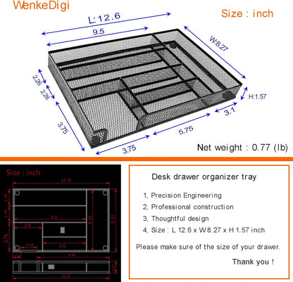 Metal Mesh Desk Drawer Organizer Tray, 6-Compartment Office Drawer Organizer for Pens Supplies, 12.6"x8.27"x1.57" Black