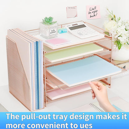 OPNICE Desk Organizer, 5-Tier Paper Organizer Letter Tray with Magazine Holder, Office Desk Accessories & Workspace Organizers, Desktop File Organizer for Office Supplies Storage, Black