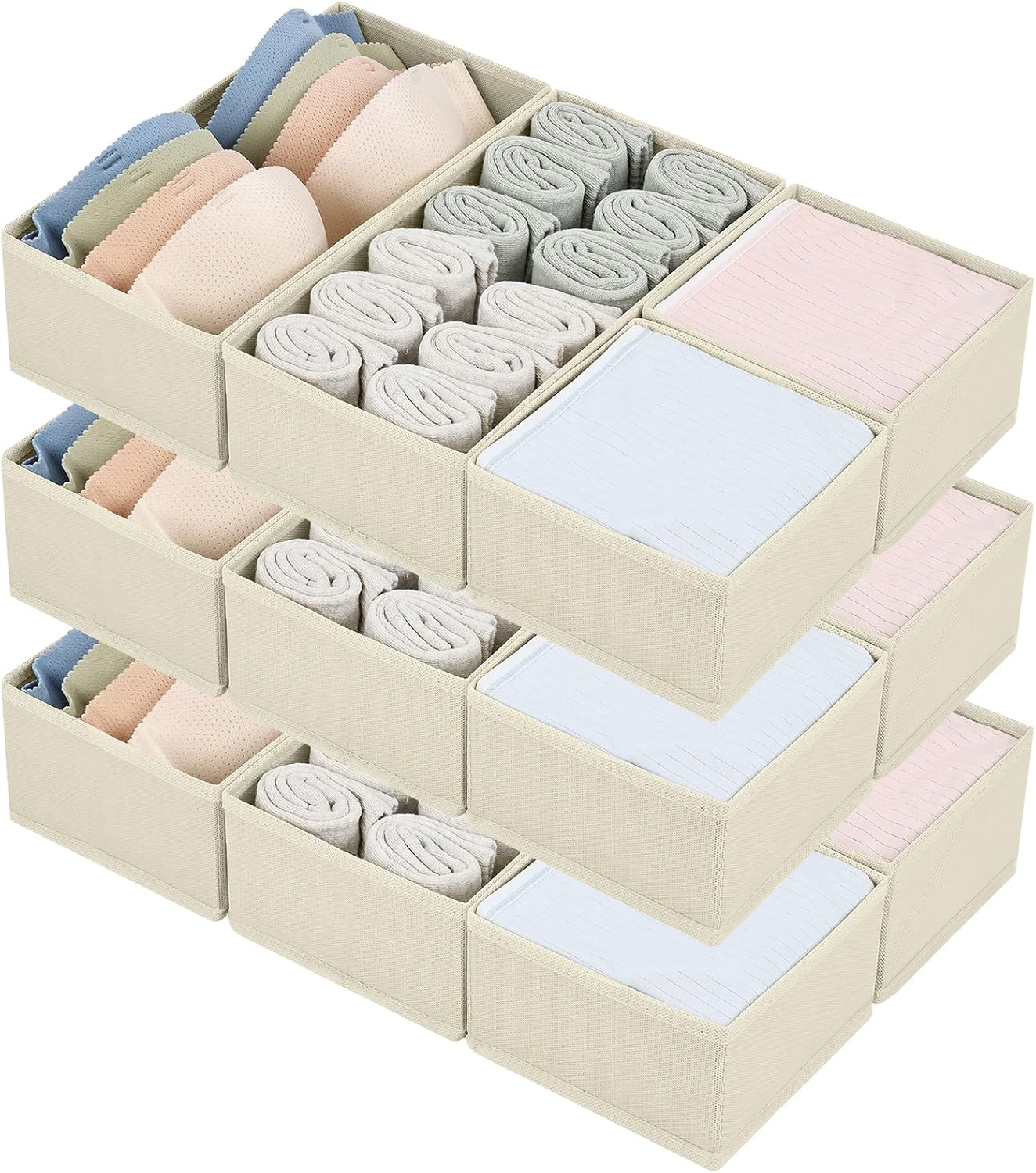 DIMJ Drawer Organizers Clothes, Dresser Organizer Bins for Baby Clothes,Underwear and Sock, Fabric Closet Organization and Storage Boxs, Drawer Dividers for Nursery, Clothing, Tie - 4 Pack, Beige