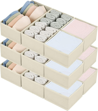 DIMJ Drawer Organizers Clothes, Dresser Organizer Bins for Baby Clothes,Underwear and Sock, Fabric Closet Organization and Storage Boxs, Drawer Dividers for Nursery, Clothing, Tie - 4 Pack, Beige