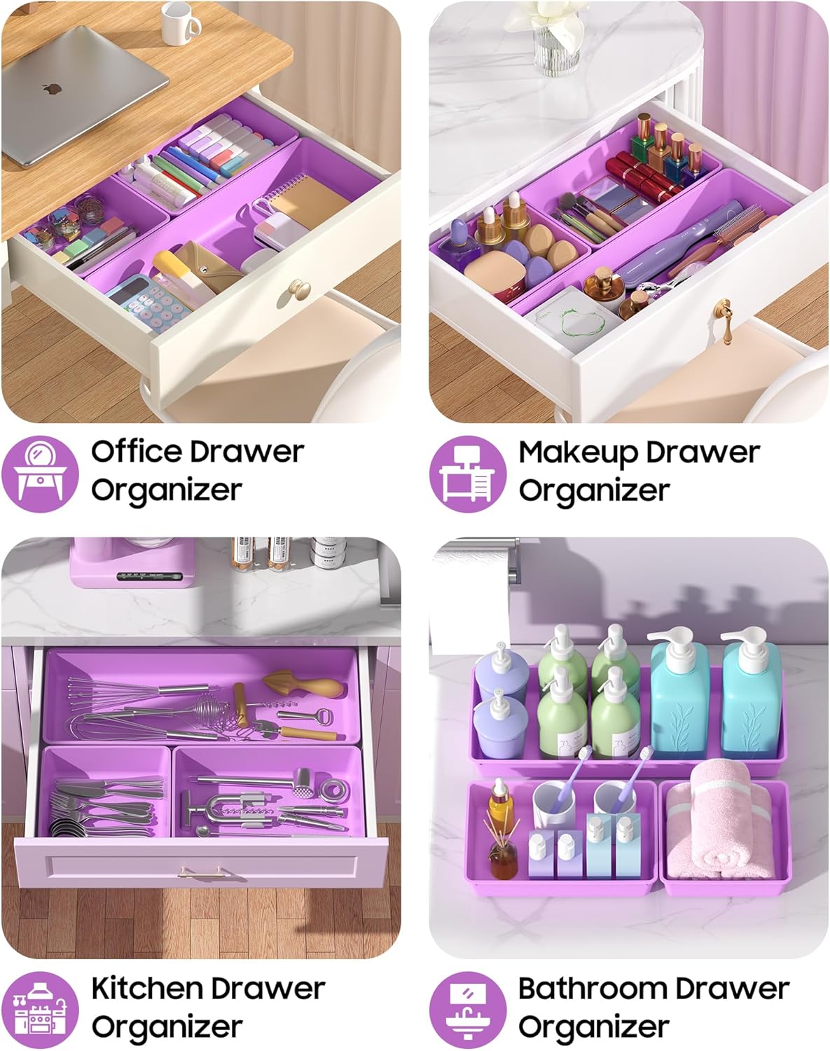 10 Pack Large Size Plastic Drawer Organizers Set, 3 Sizes Desk Drawer Organizer Trays, Storage Bins for Vanity, Makeup, Bathroom, Kitchen Utensils and Office (Black)