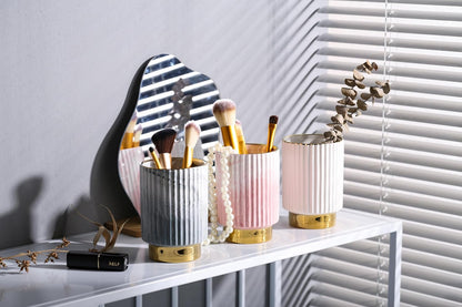IEEK Makeup Brush Holder Organizer Pen Pencil Cup Glass Make Up Brushes and Toothbrush Organizer for Bathroom Vanity Desktop European Style Striped Brushes Container,Grey and Gold