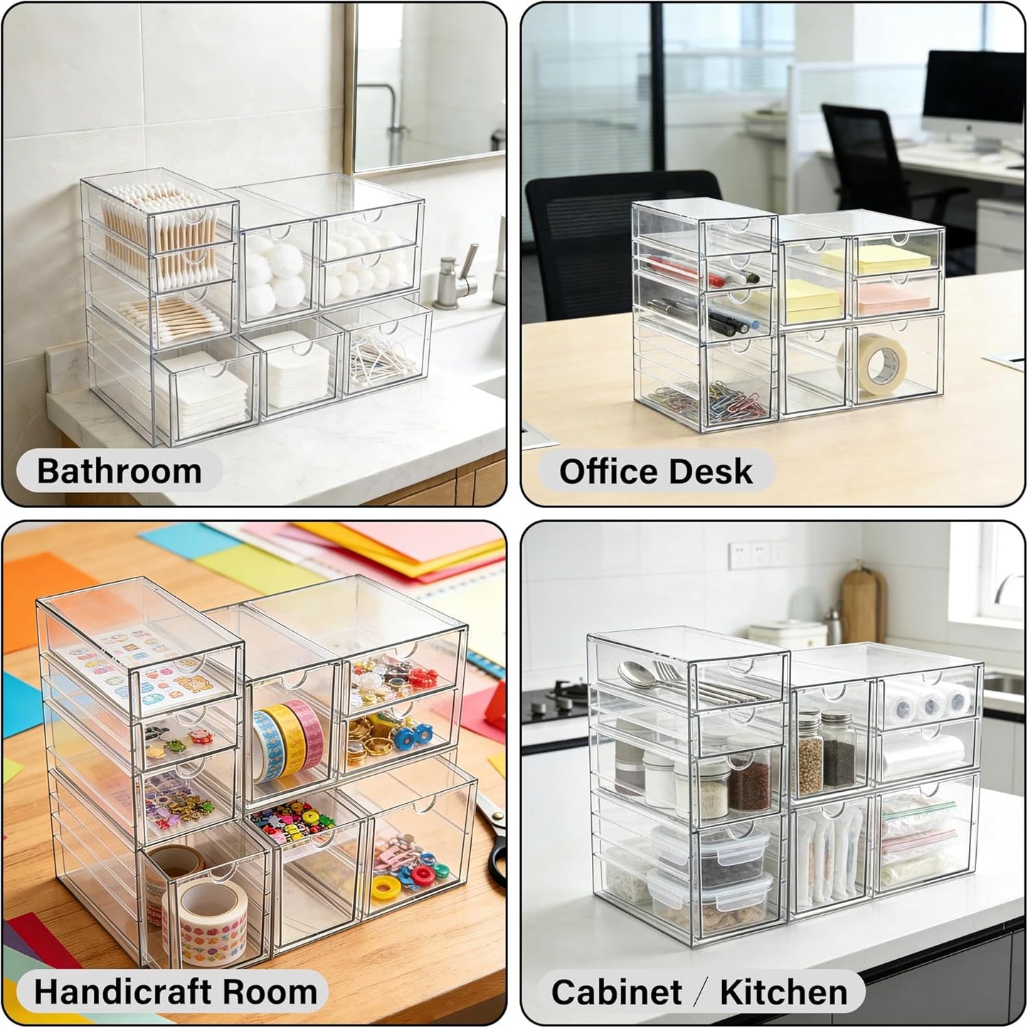 Prsildan Acrylic Makeup Organizer, 2 Pack Stackable Storage Drawers with 6 Drawers for Office Desk Vanity Craft Room Clear Drawer Organizers for Hair Accessories Art Supplies Cosmetics Modular System