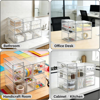 Prsildan Acrylic Makeup Organizer, 2 Pack Stackable Storage Drawers with 6 Drawers for Office Desk Vanity Craft Room Clear Drawer Organizers for Hair Accessories Art Supplies Cosmetics Modular System