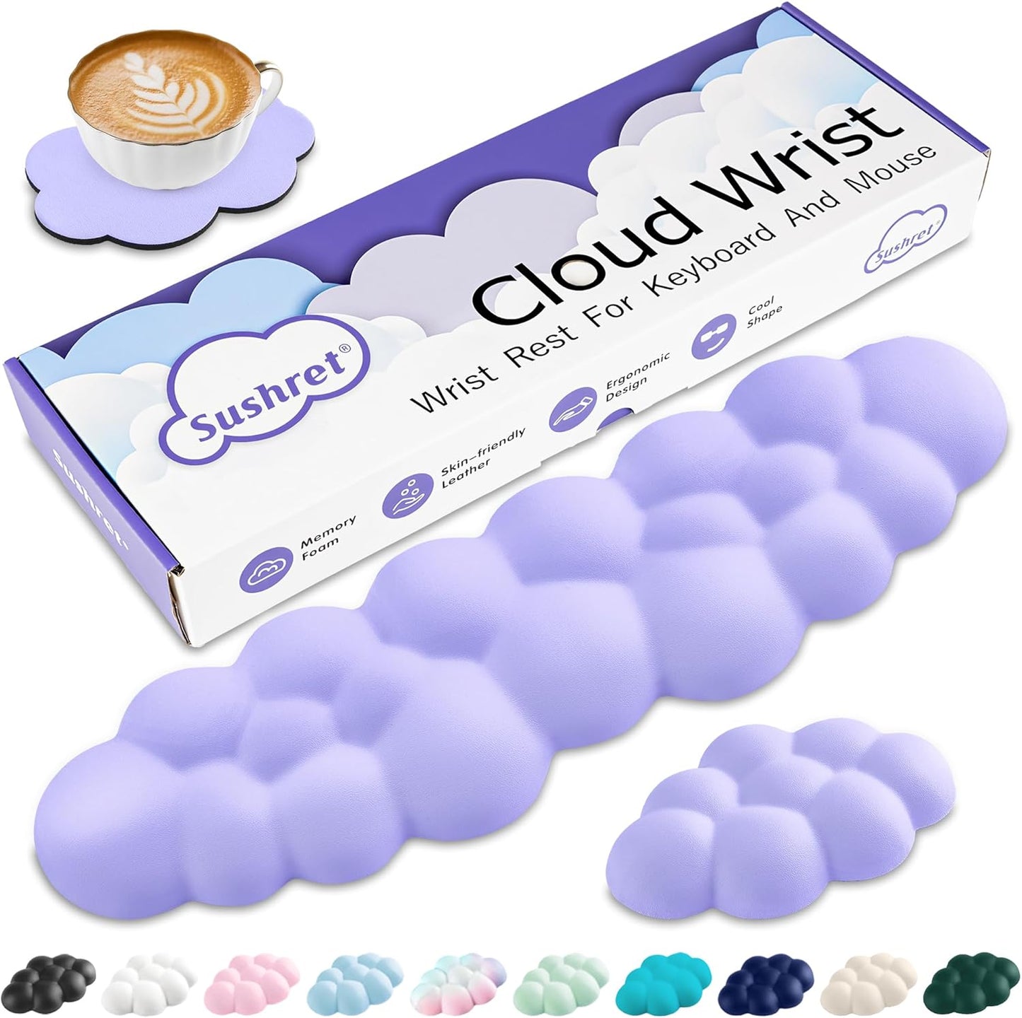 Sushret Cloud Wrist Rest Keyboard, Cloud Keyboard Wrist Pad Set with PU Leather Memory Foam, Cute Arm Rest for Palm Support, PC/Gaming Desk Accessories/Office Setup/Computer Hand Cushion - White
