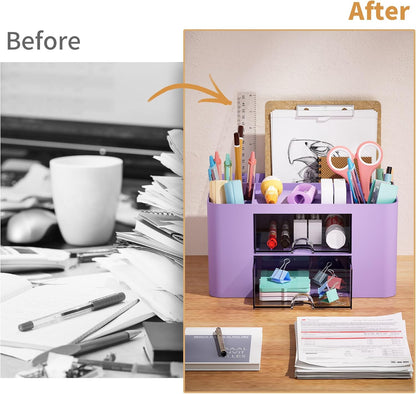 Marbrasse Pen Organizer with 2 Drawer, Multi-Functional Pencil Holder for Desk, Desk Organizers and Accessories with 5 Compartments + Drawer for Office Art Supplies (White)