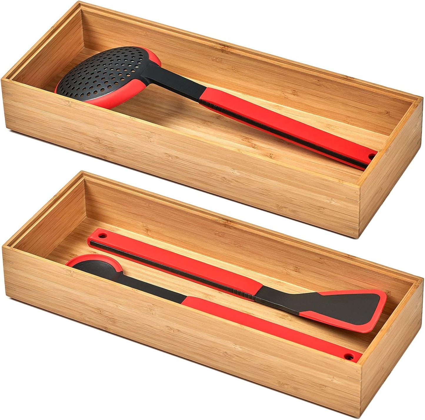 Umilife Bamboo Kitchen Drawer Organizer, Extra High Silverware Tray, Flatware Cutlery Storage Box, Multi-Use Holder in Office, Bathroom, Pantry - 9"x6"x2.5" (Set of 2)