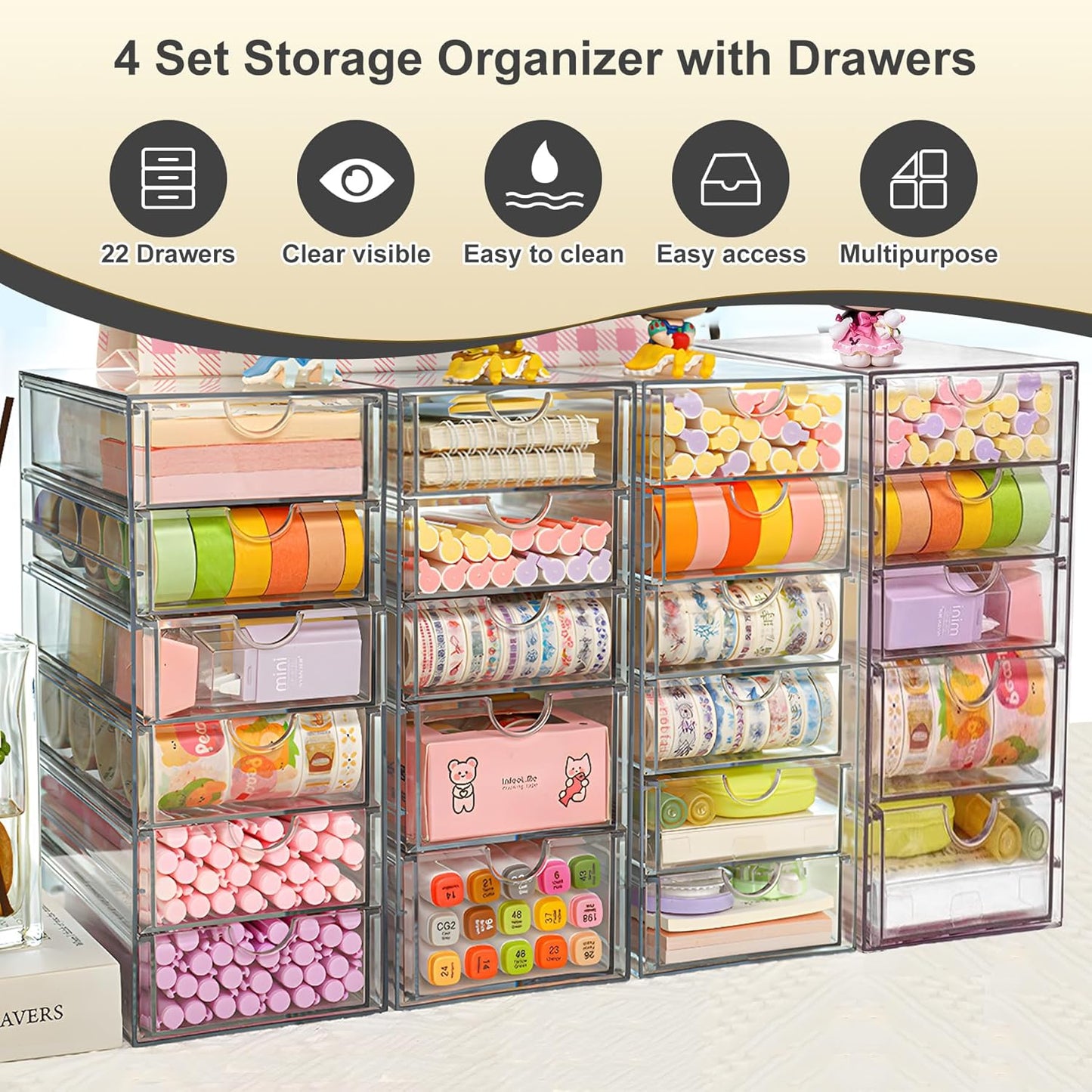 Acrylic Drawer Organizer with 22 Drawers, 4 Set Craft Organizers and Storage, Clear Storage Drawers, Desk Drawer Organizer for Vanity, Office Supplies, Jewelry, Pen