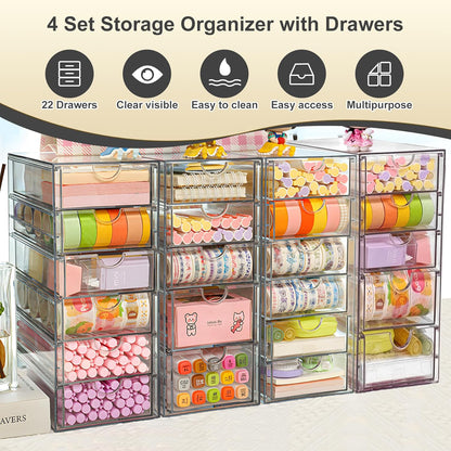 Acrylic Drawer Organizer with 22 Drawers, 4 Set Craft Organizers and Storage, Clear Storage Drawers, Desk Drawer Organizer for Vanity, Office Supplies, Jewelry, Pen