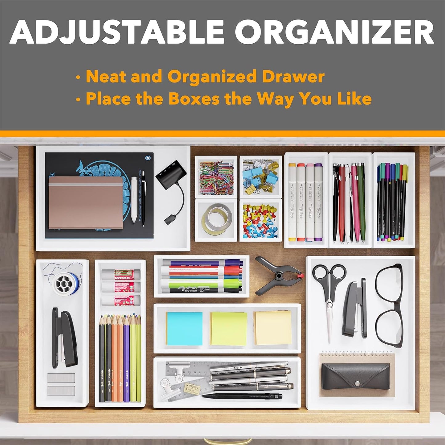SpaceAid 14-Piece Bamboo Drawer Organizer Storage Boxes Set, Wood Tray Junk Drawer Organizers Multi-Use Divider Bins for Kitchen, Bathroom, Office Desk and Makeup Organization (14 Pack, Natural)
