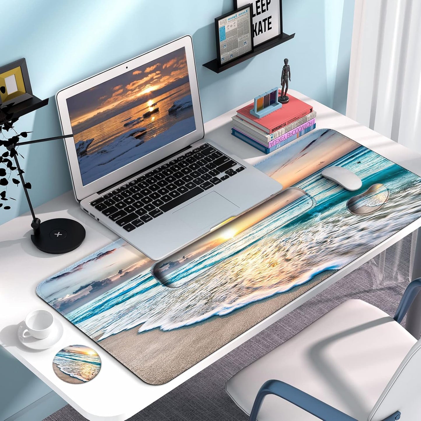 Keyboard Wrist Rest + Mouse Pad with Wrist Support + Desk Mat + Coaster 4 in 1 Set, XXL Large Gaming Mousepad Cute Ergonomic Mouse Pads for Desk Computer Laptop Office Decor-Beach