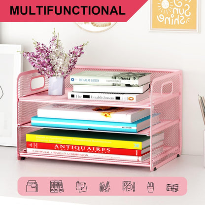 3 Tier Paper Letter Tray Organizer for Desk, Mesh File Folder Document Organizer with Handle for Home Office Supplies Desktop Accessories, Black