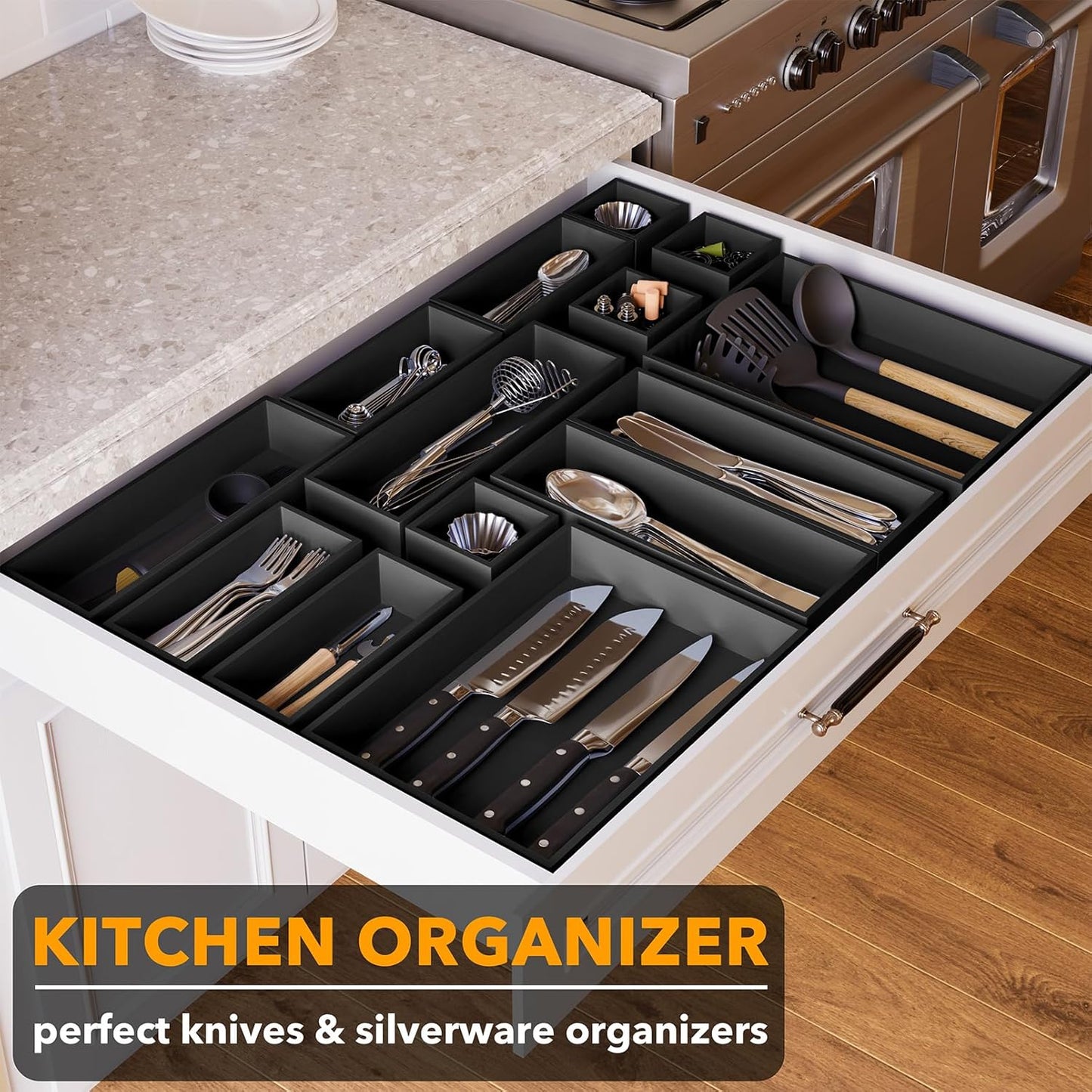SpaceAid 14-Piece Bamboo Drawer Organizer Storage Boxes Set, Wood Tray Junk Drawer Organizers Multi-Use Divider Bins for Kitchen, Bathroom, Office Desk and Makeup Organization (14 Pack, Natural)