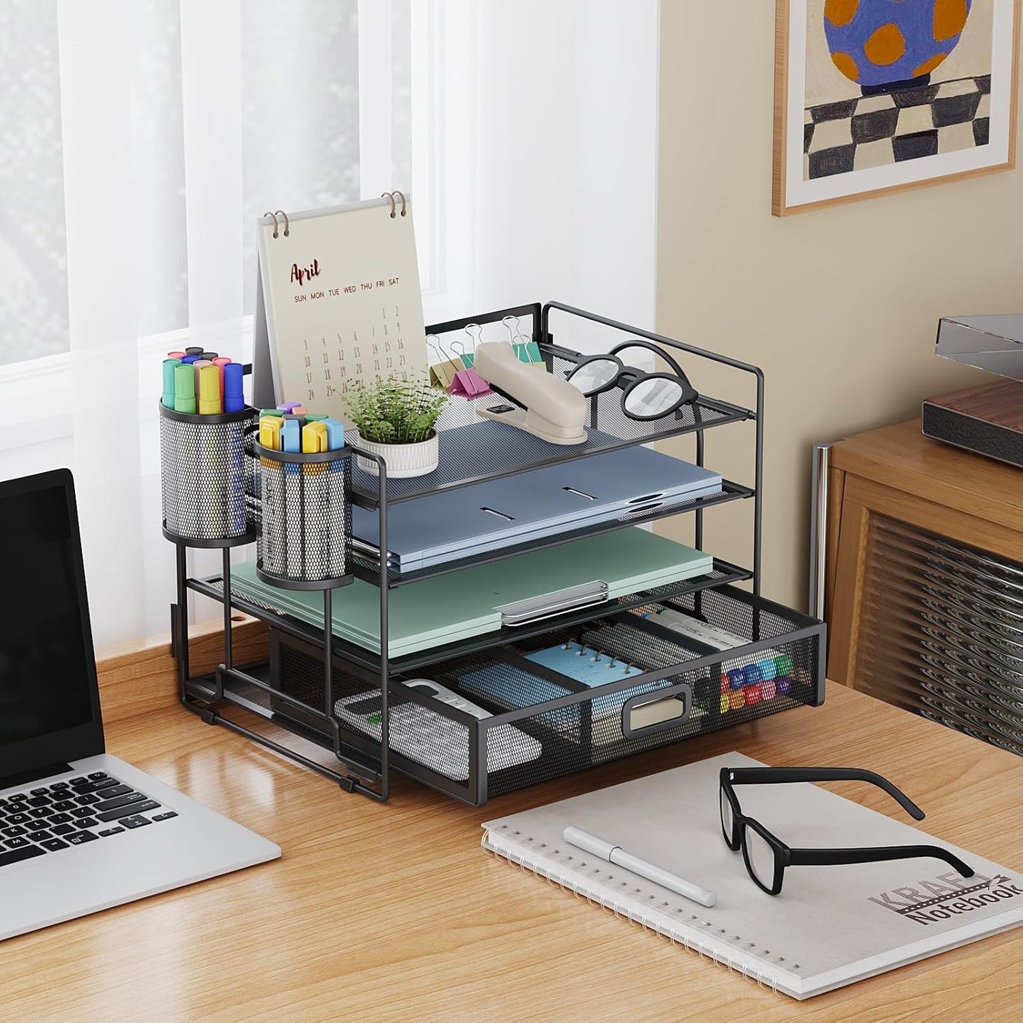 Marbrasse Desk Organizer and Accessories，4-Tier Paper Letter Tray Organizer with File Holder，Desk Accessories & Workspace Desktop Organizers for School Home Office Supplies (Blue)
